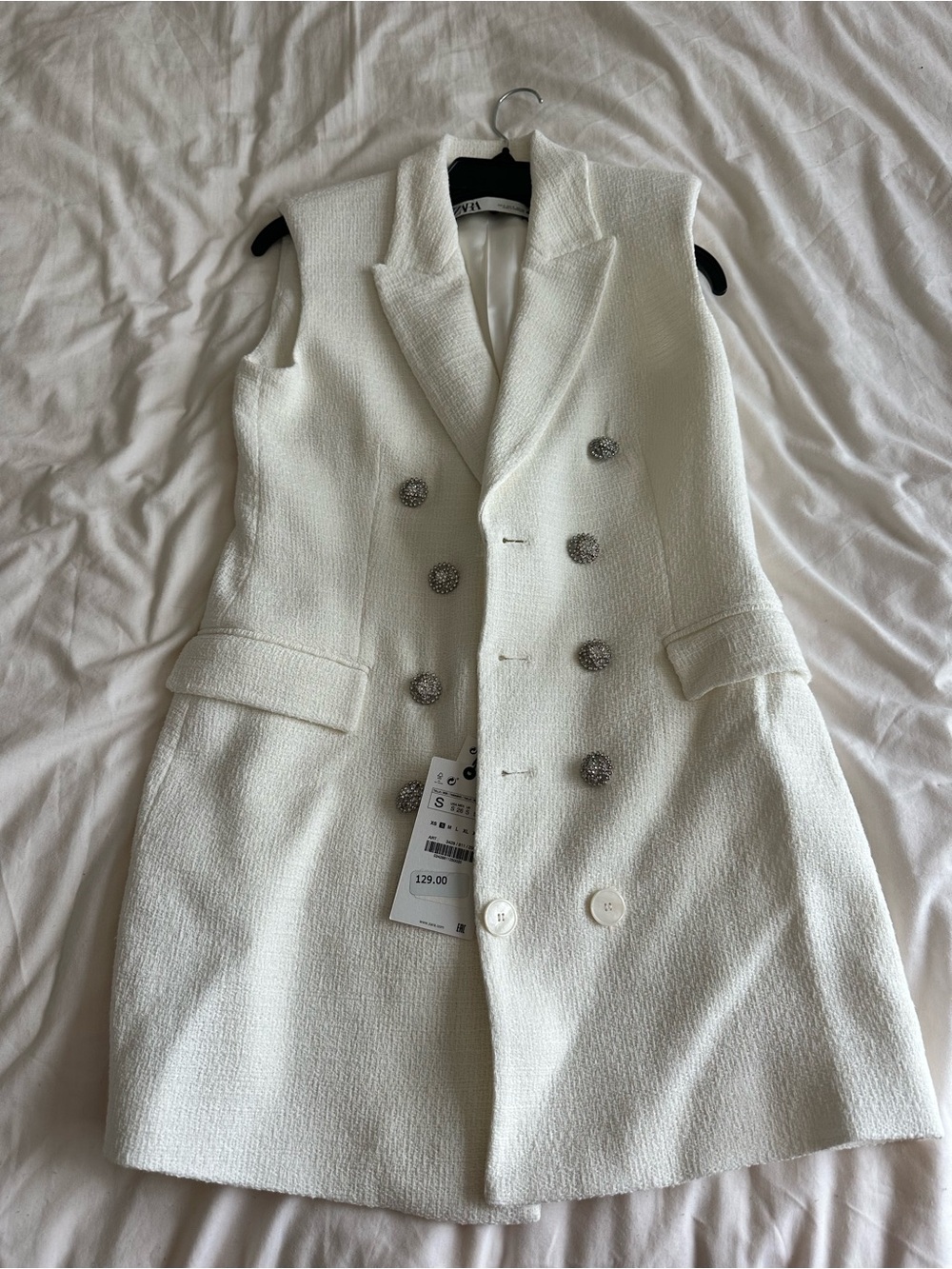 Zara White Sleeveless Double-Breasted Bouclé Dress